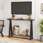 Console rustique à 2 niveaux avec pieds en V et étagère de rangement