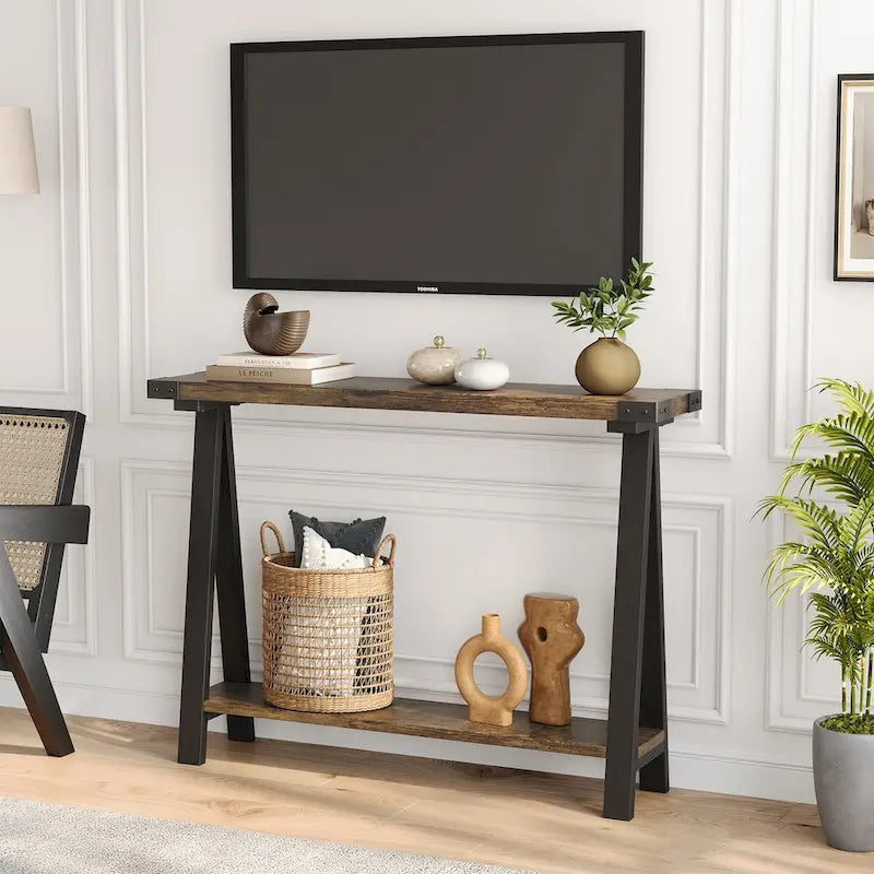 Console rustique à 2 niveaux avec pieds en V et étagère de rangement