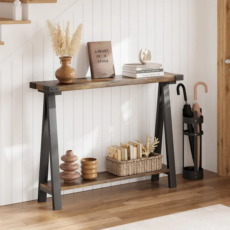 Console rustique à 2 niveaux avec pieds en V et étagère de rangement