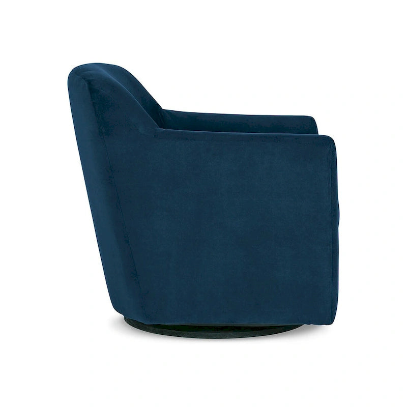 Fauteuil pivotant à 360° en velours bleu avec piètement en bois noir