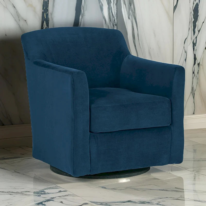 Fauteuil pivotant à 360° en velours bleu avec piètement en bois noir