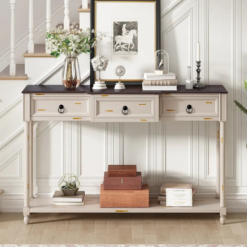 Console rustique chic avec 3 tiroirs et étagère inférieure