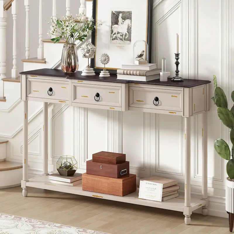 Console rustique chic avec 3 tiroirs et étagère inférieure