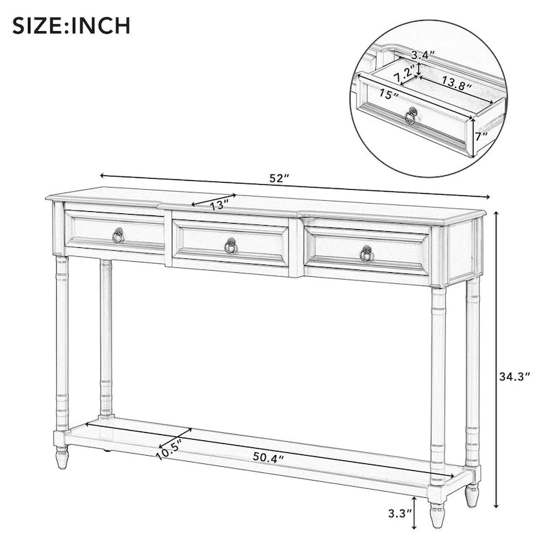 Console rustique chic avec 3 tiroirs et étagère inférieure