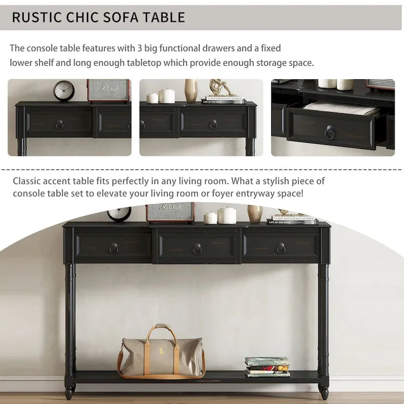 Console rustique chic avec 3 tiroirs et étagère inférieure