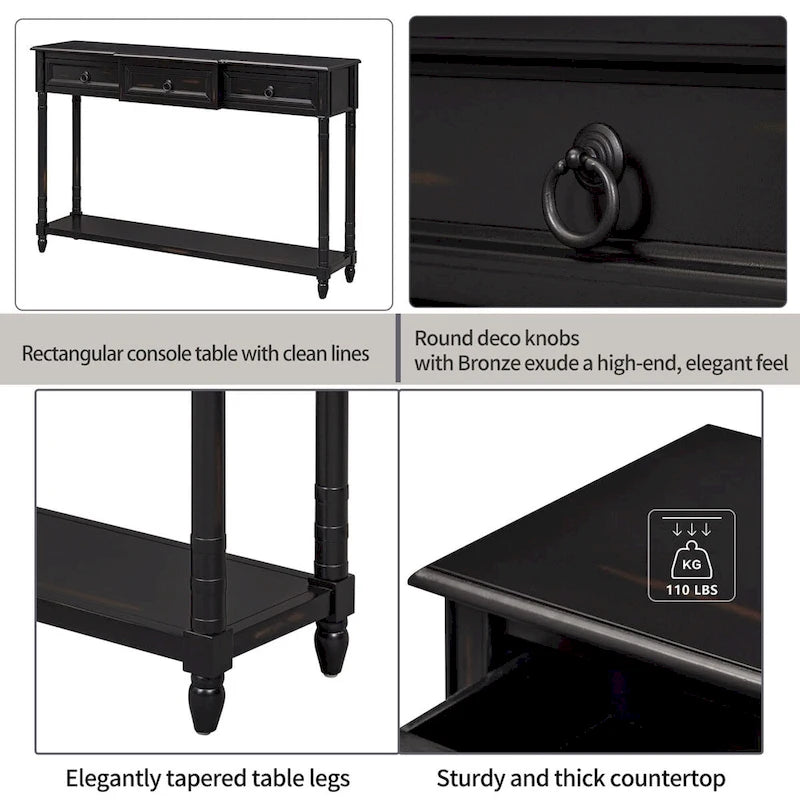 Console rustique chic avec 3 tiroirs et étagère inférieure