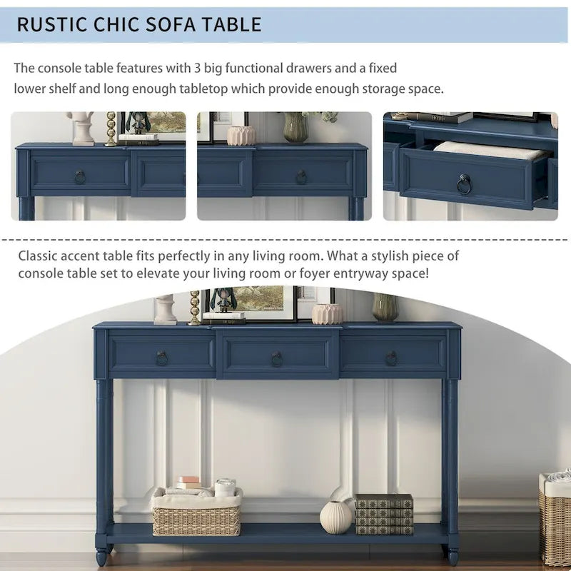Console rustique chic avec 3 tiroirs et étagère inférieure