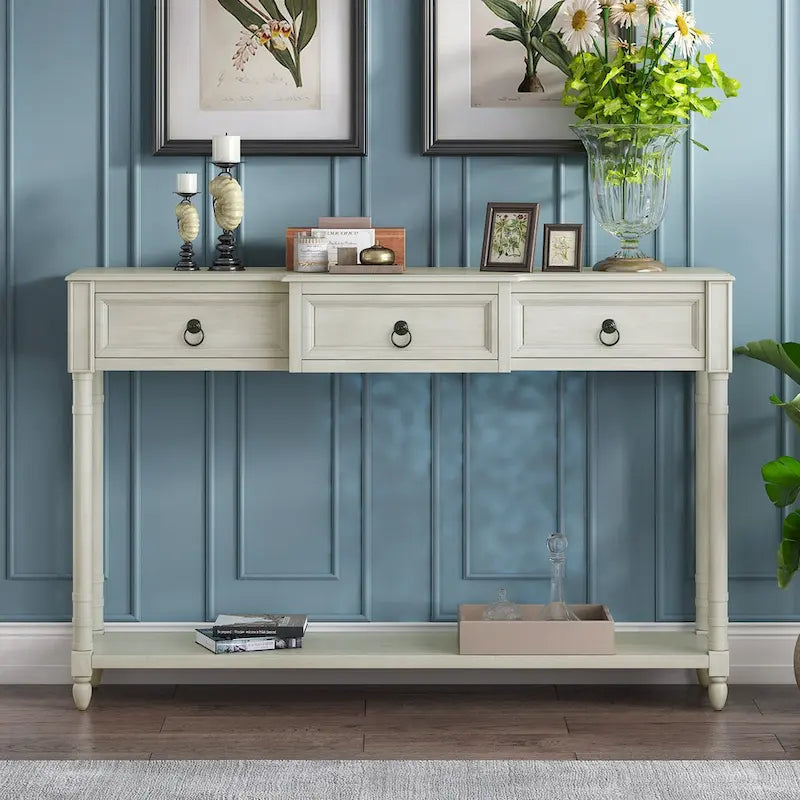 Console rustique chic avec 3 tiroirs et étagère inférieure