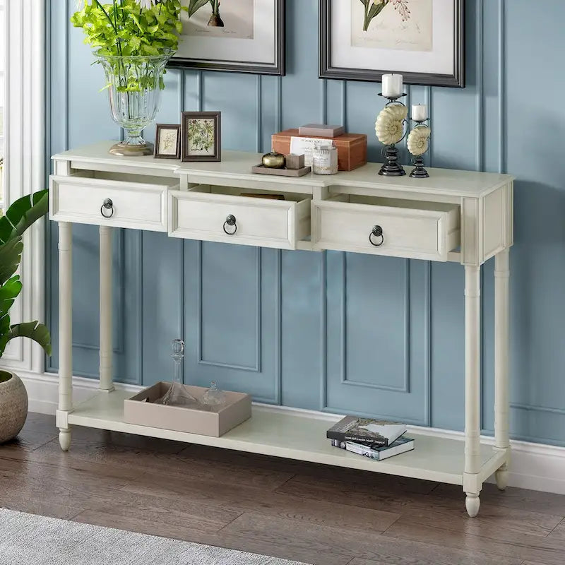 Console rustique chic avec 3 tiroirs et étagère inférieure