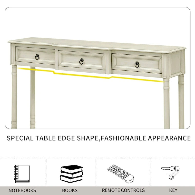 Console rustique chic avec 3 tiroirs et étagère inférieure