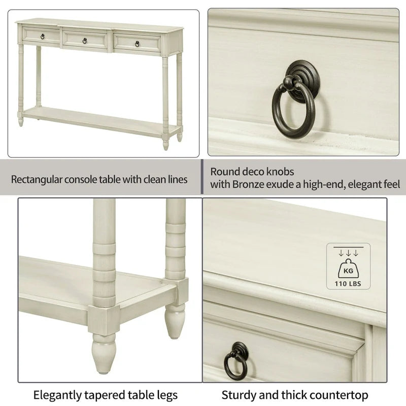 Console rustique chic avec 3 tiroirs et étagère inférieure