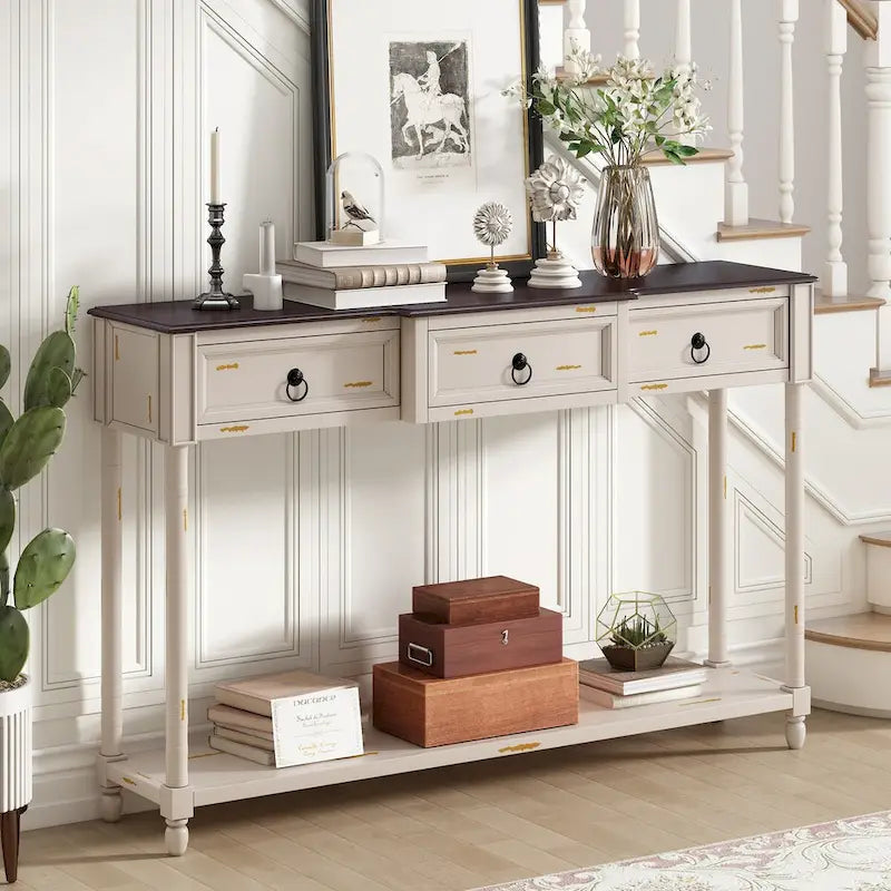 Console rustique chic avec 3 tiroirs et étagère inférieure