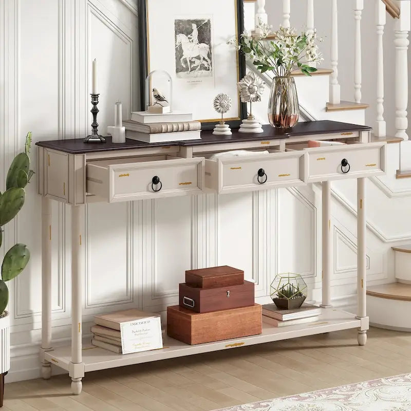 Console rustique chic avec 3 tiroirs et étagère inférieure