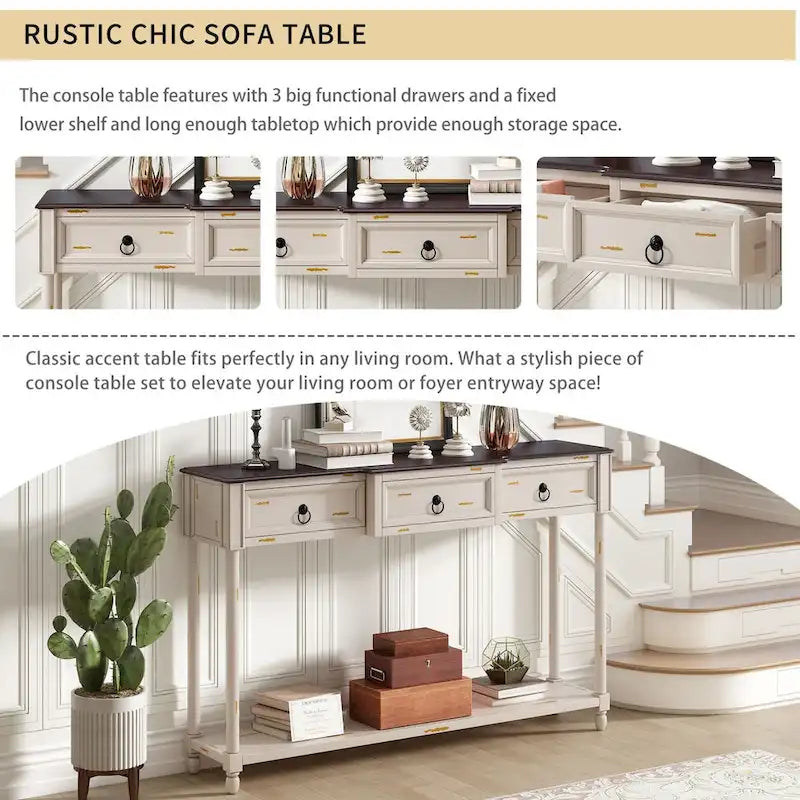 Console rustique chic avec 3 tiroirs et étagère inférieure