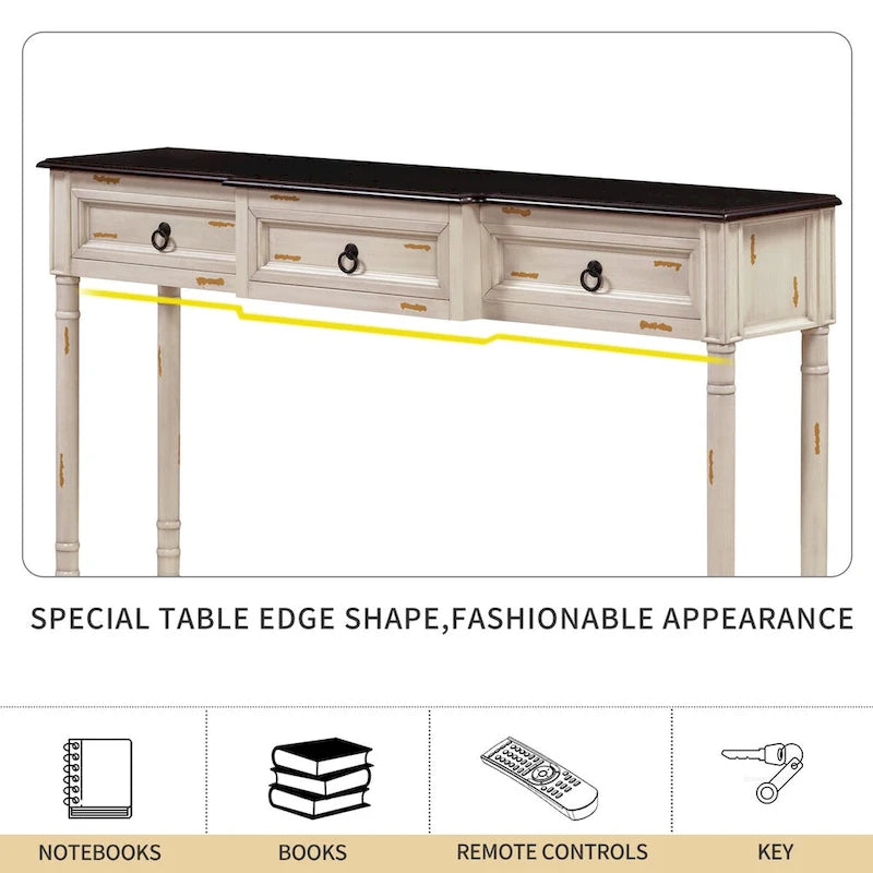 Console rustique chic avec 3 tiroirs et étagère inférieure