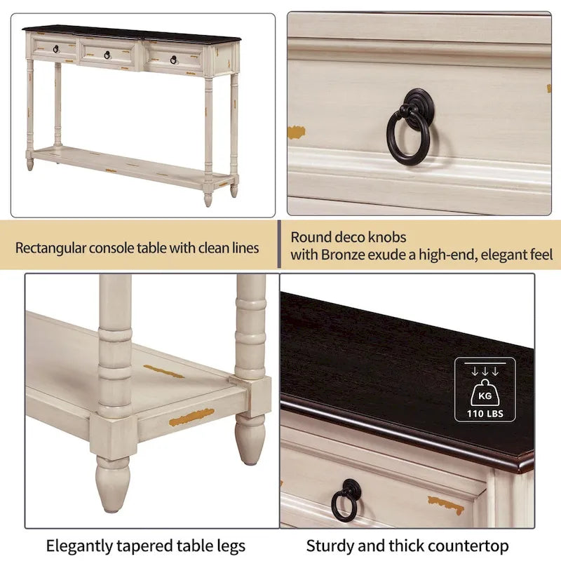 Console rustique chic avec 3 tiroirs et étagère inférieure