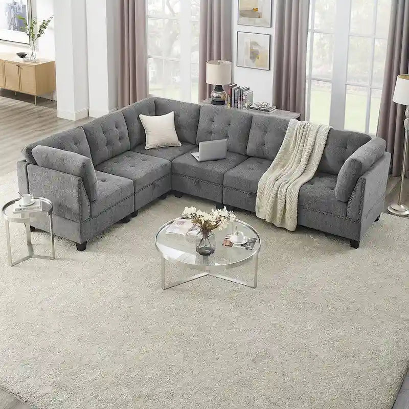 Canapé d'angle modulable 6 places en chenille grise de 116 po