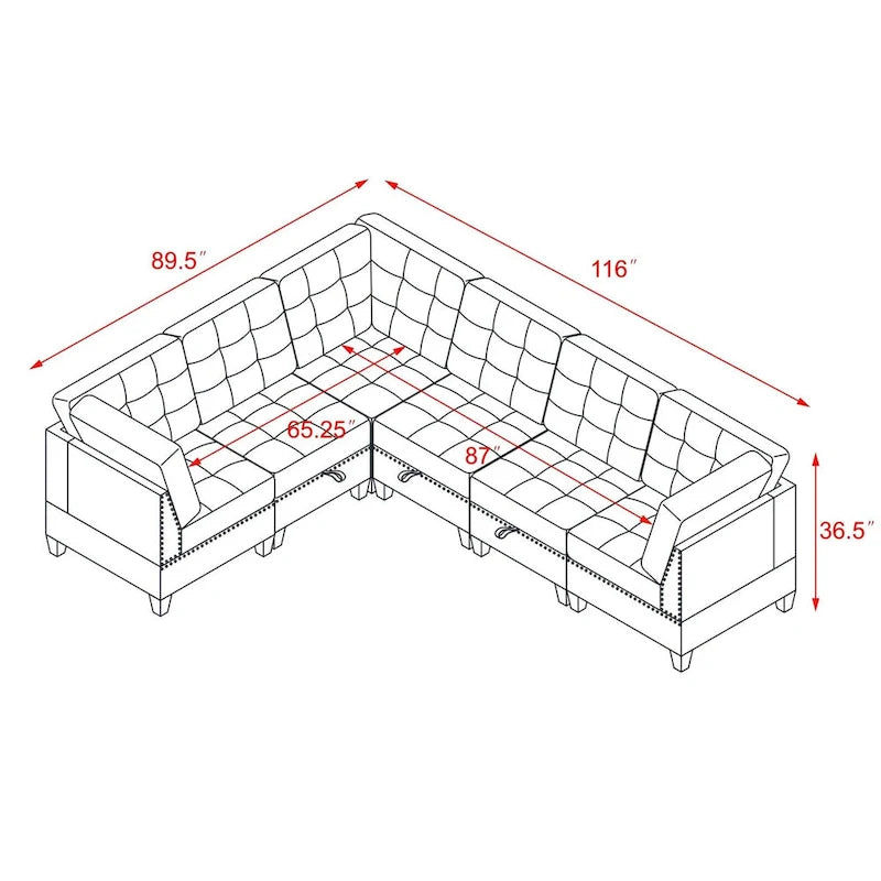 Canapé d'angle modulable 6 places en chenille grise de 116 po
