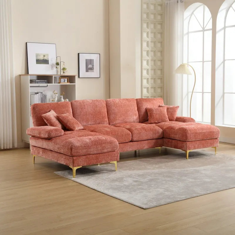Canapé sectionnel d'angle en chenille 7 places beige/gris/bleu/jaune/orange/rose/noir