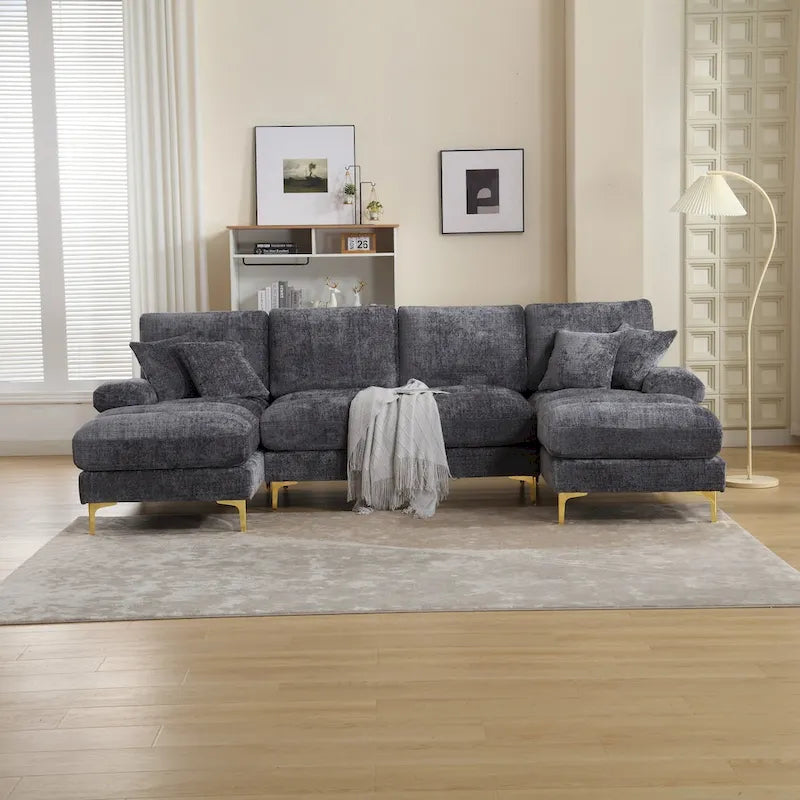 Canapé sectionnel d'angle en chenille 7 places beige/gris/bleu/jaune/orange/rose/noir