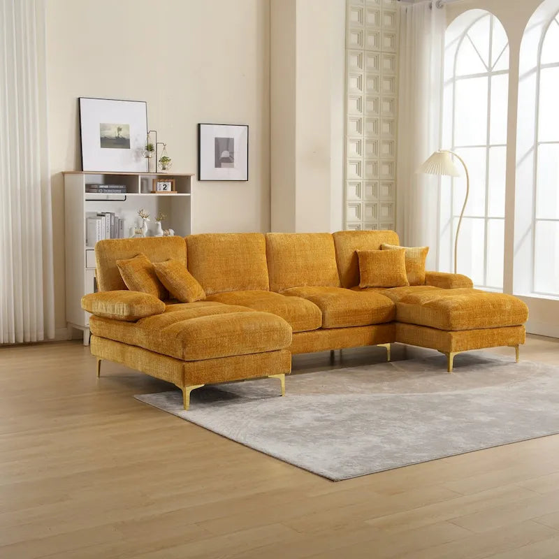 Canapé sectionnel d'angle en chenille 7 places beige/gris/bleu/jaune/orange/rose/noir