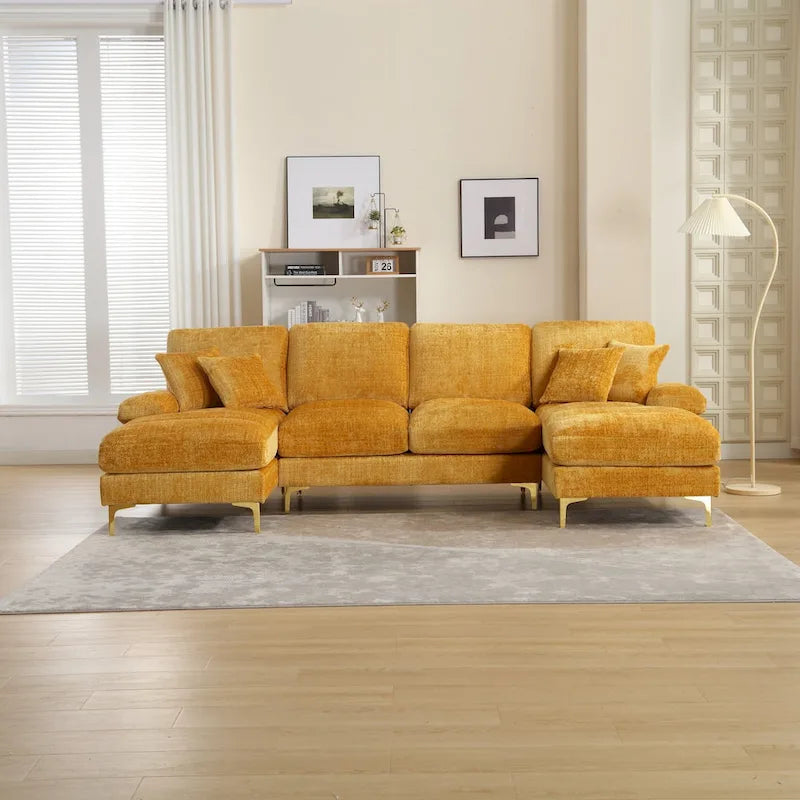 Canapé sectionnel d'angle en chenille 7 places beige/gris/bleu/jaune/orange/rose/noir