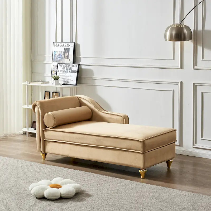 Chaise longue en velours avec rangement et pieds en métal doré