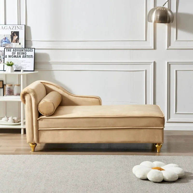 Chaise longue en velours avec rangement et pieds en métal doré