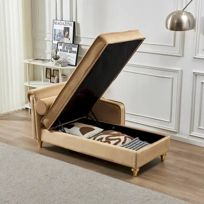 Chaise longue en velours avec rangement et pieds en métal doré