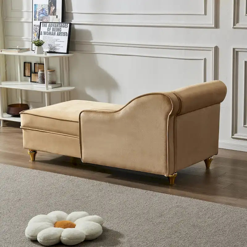 Chaise longue en velours avec rangement et pieds en métal doré