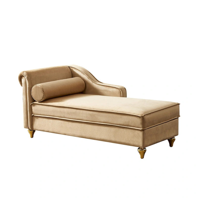 Chaise longue en velours avec rangement et pieds en métal doré