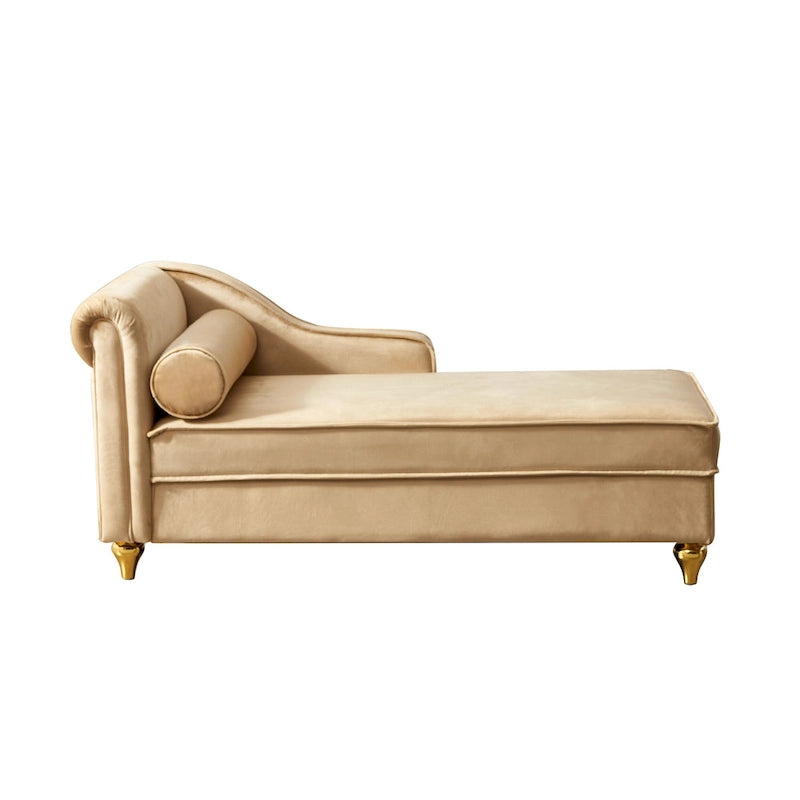 Chaise longue en velours avec rangement et pieds en métal doré