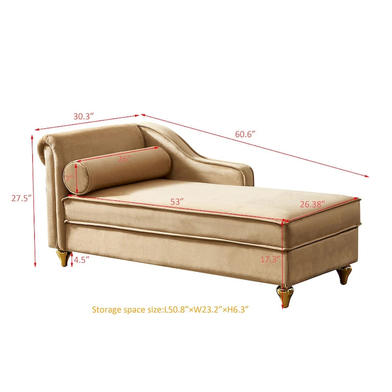 Chaise longue en velours avec rangement et pieds en métal doré