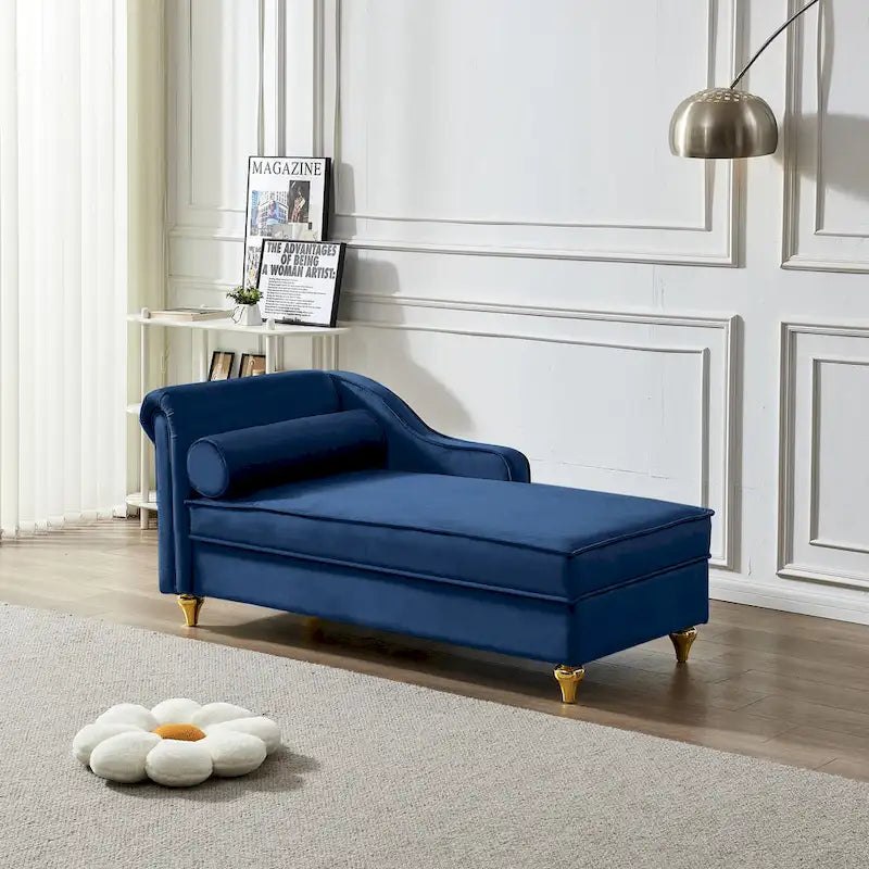 Chaise longue en velours avec rangement et pieds en métal doré