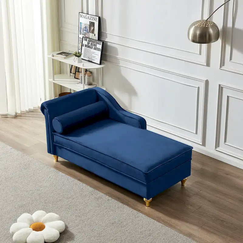 Chaise longue en velours avec rangement et pieds en métal doré