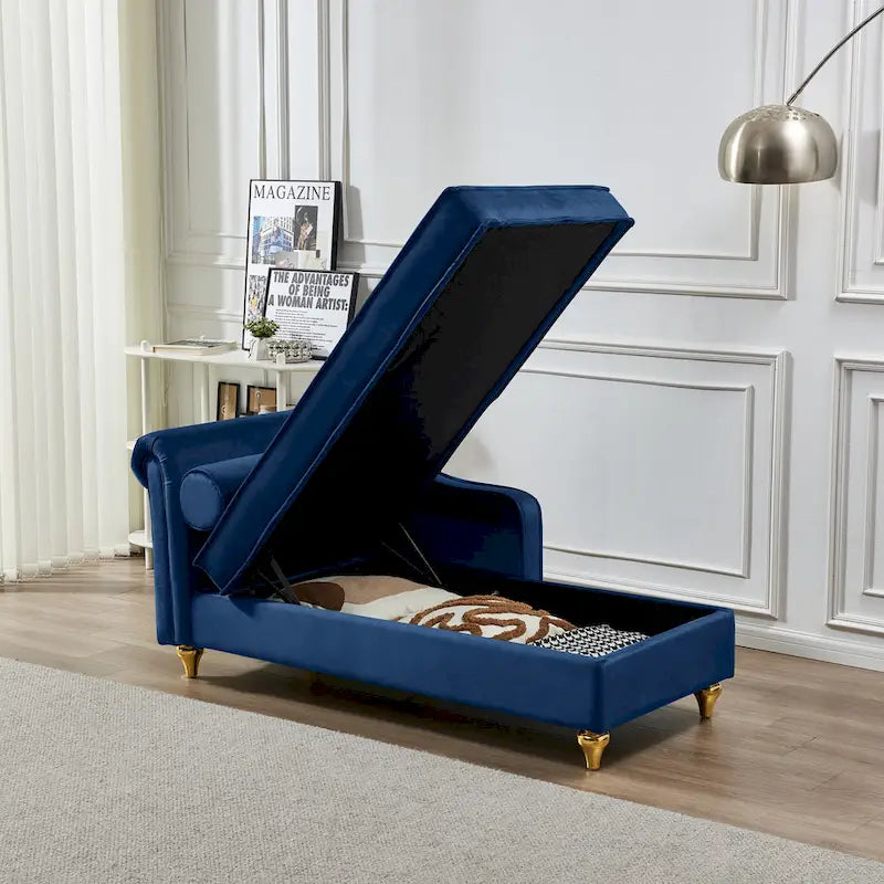 Chaise longue en velours avec rangement et pieds en métal doré