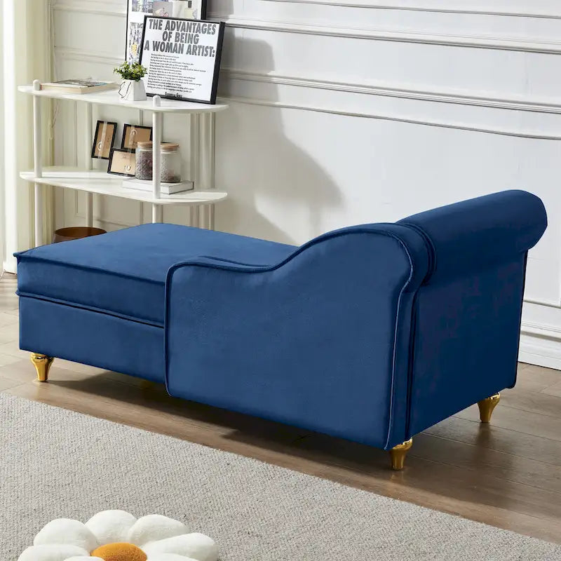 Chaise longue en velours avec rangement et pieds en métal doré