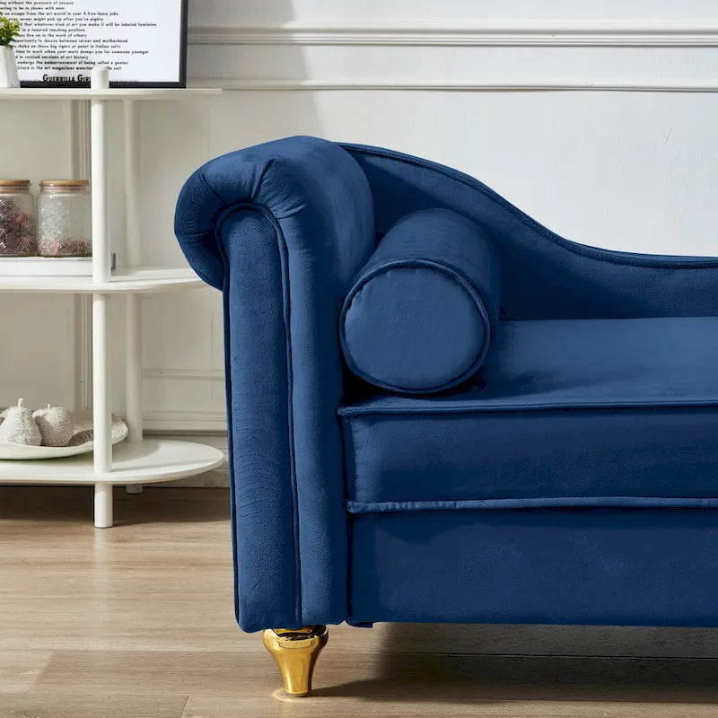 Chaise longue en velours avec rangement et pieds en métal doré