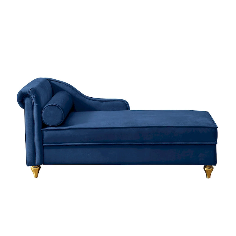 Chaise longue en velours avec rangement et pieds en métal doré