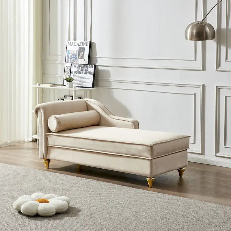 Chaise longue en velours avec rangement et pieds en métal doré