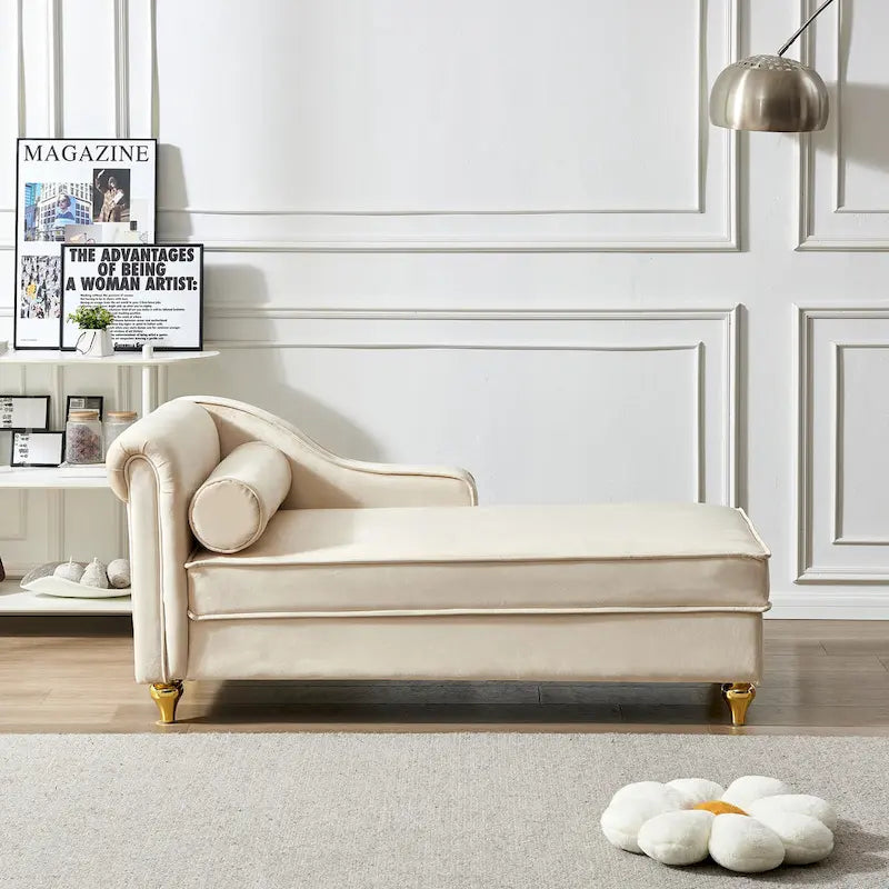 Chaise longue en velours avec rangement et pieds en métal doré
