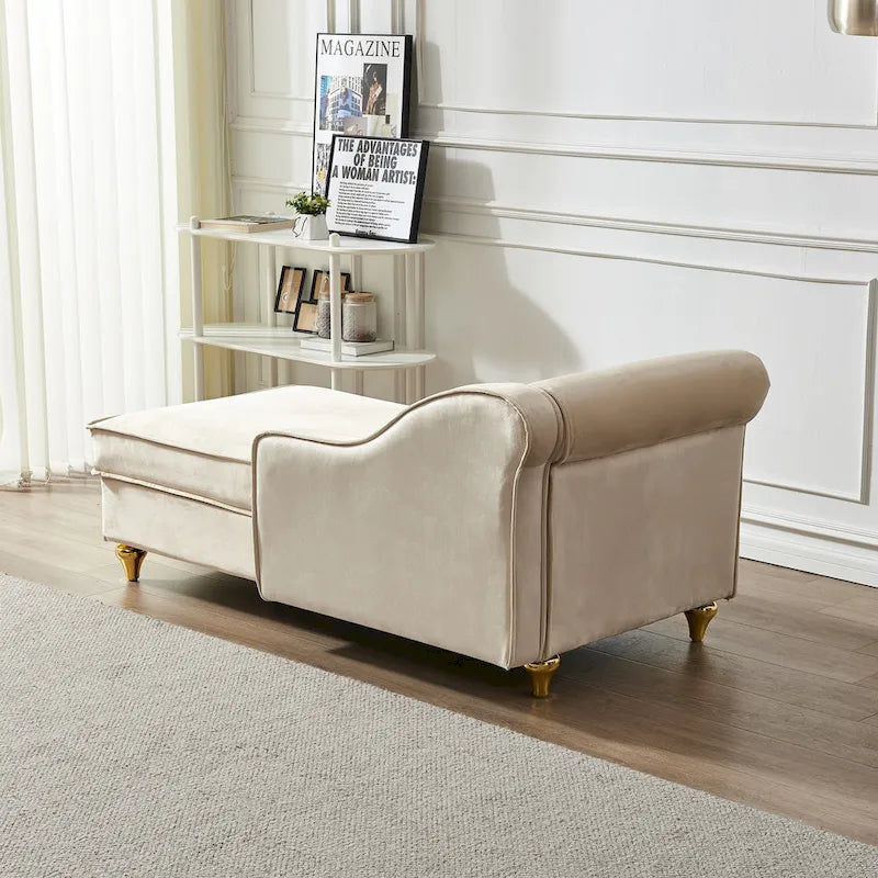 Chaise longue en velours avec rangement et pieds en métal doré