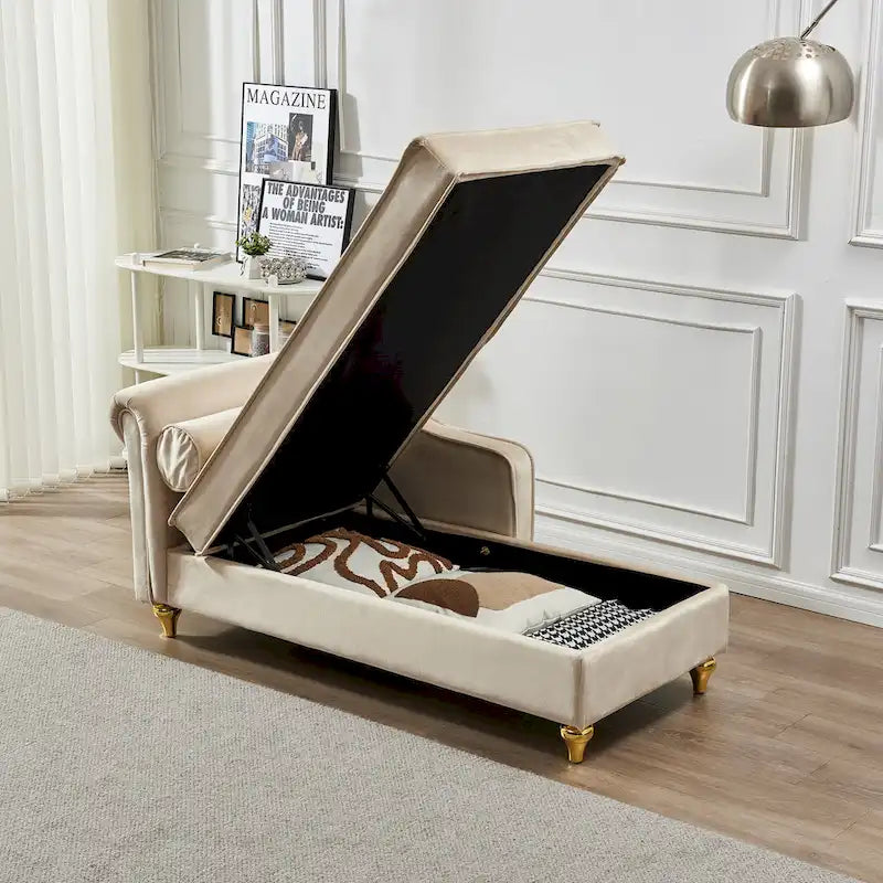Chaise longue en velours avec rangement et pieds en métal doré