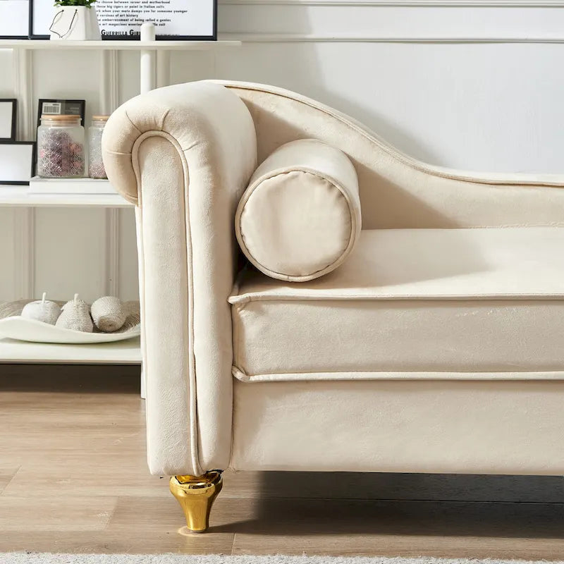 Chaise longue en velours avec rangement et pieds en métal doré