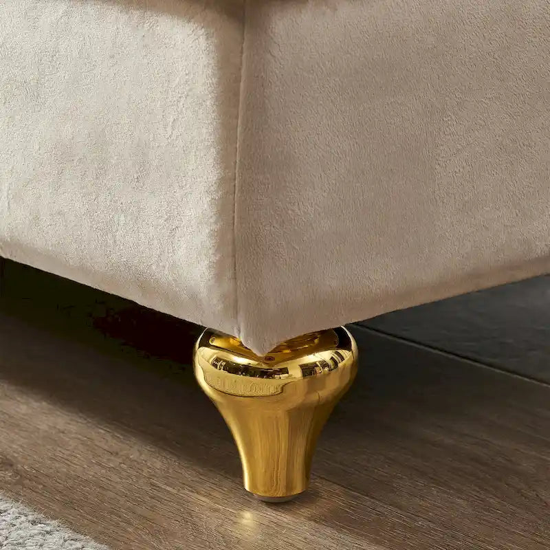 Chaise longue en velours avec rangement et pieds en métal doré