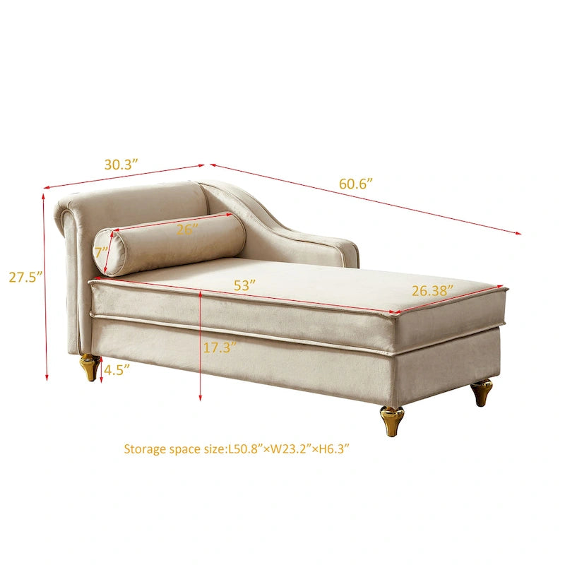 Chaise longue en velours avec rangement et pieds en métal doré