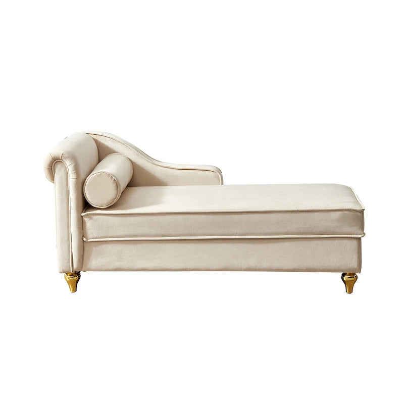 Chaise longue en velours avec rangement et pieds en métal doré