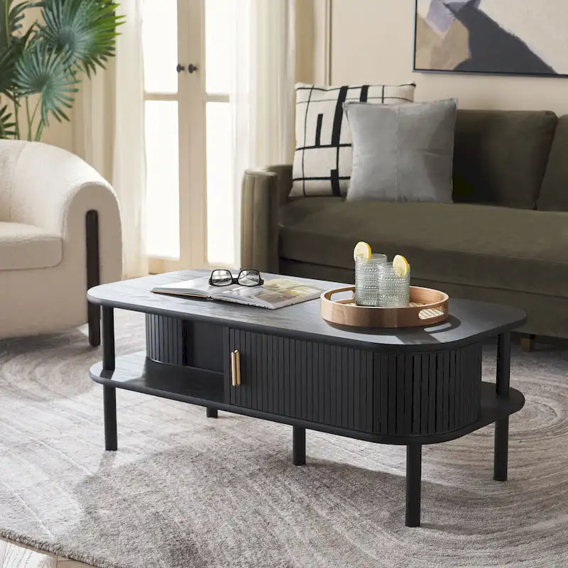 Table basse à tiroirs coulissants 2 portes Noyer/Doré pour 2 à 4 personnes