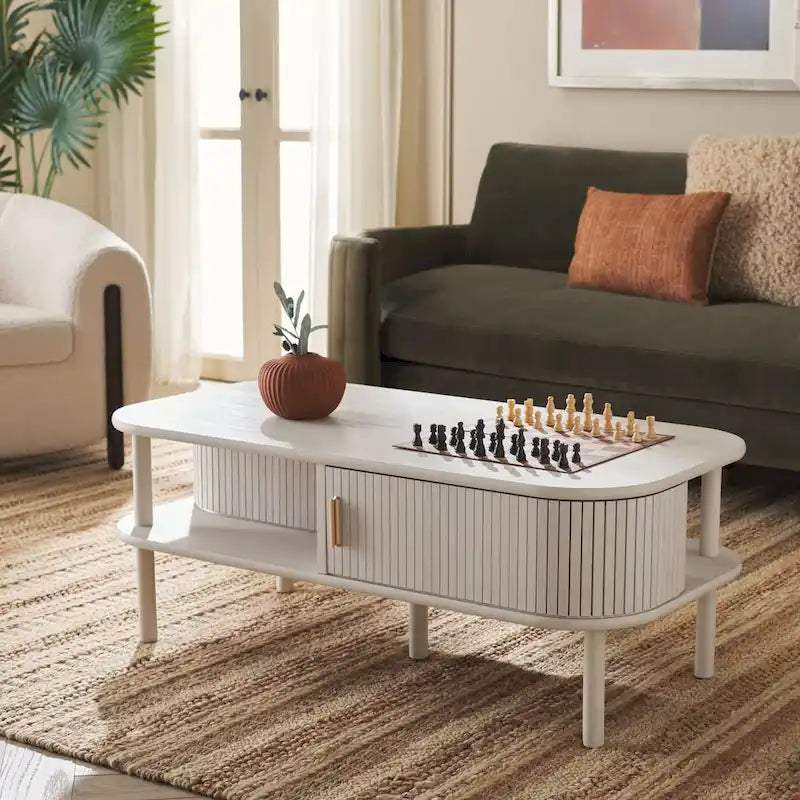 Table basse à tiroirs coulissants 2 portes Noyer/Doré pour 2 à 4 personnes