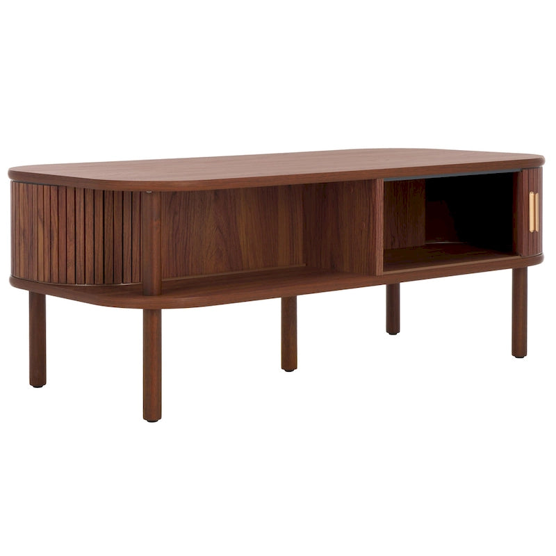 Table basse à tiroirs coulissants 2 portes Noyer/Doré pour 2 à 4 personnes
